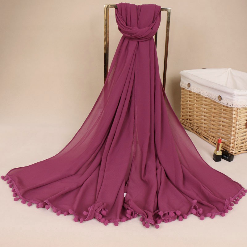 purple red Pom Pom Chiffon Hijab
