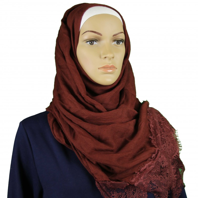 Maroon Tasseled Lace Hijab