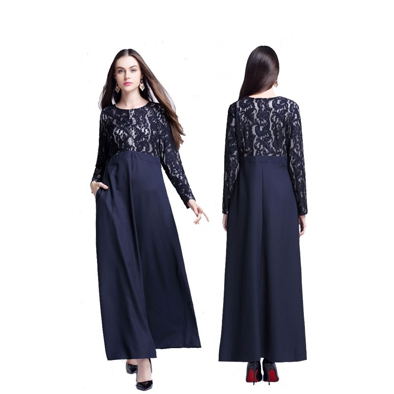 Navy Blue Korean Linen Lace Abaya L 