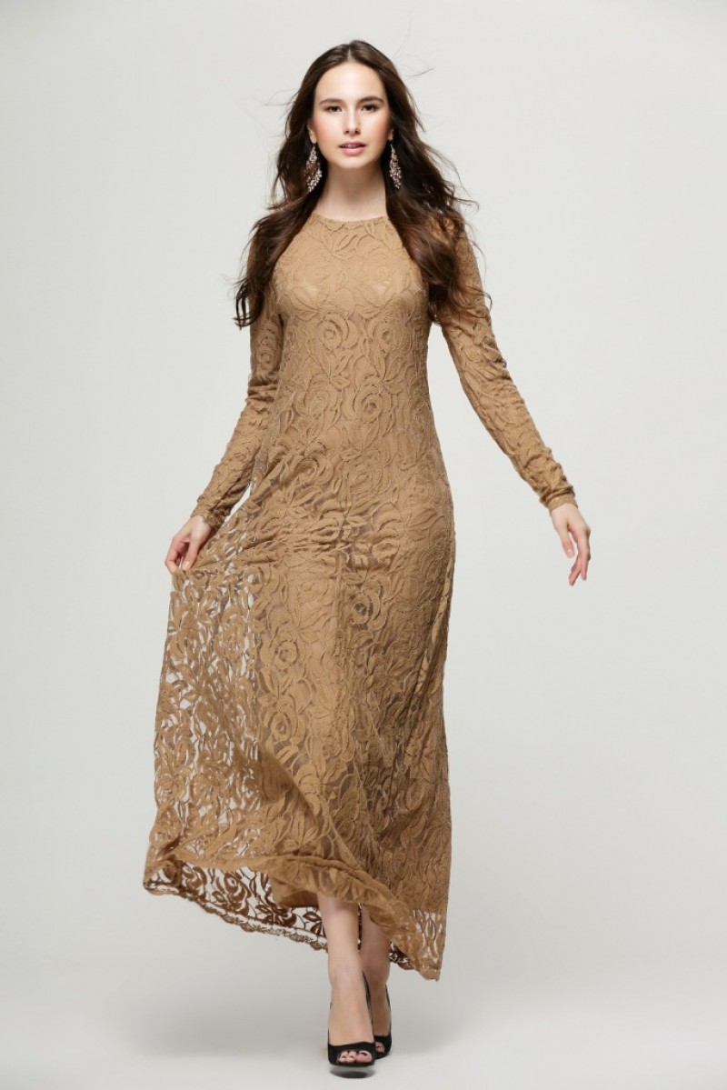 Khaki Lace Chiffon Abaya M 