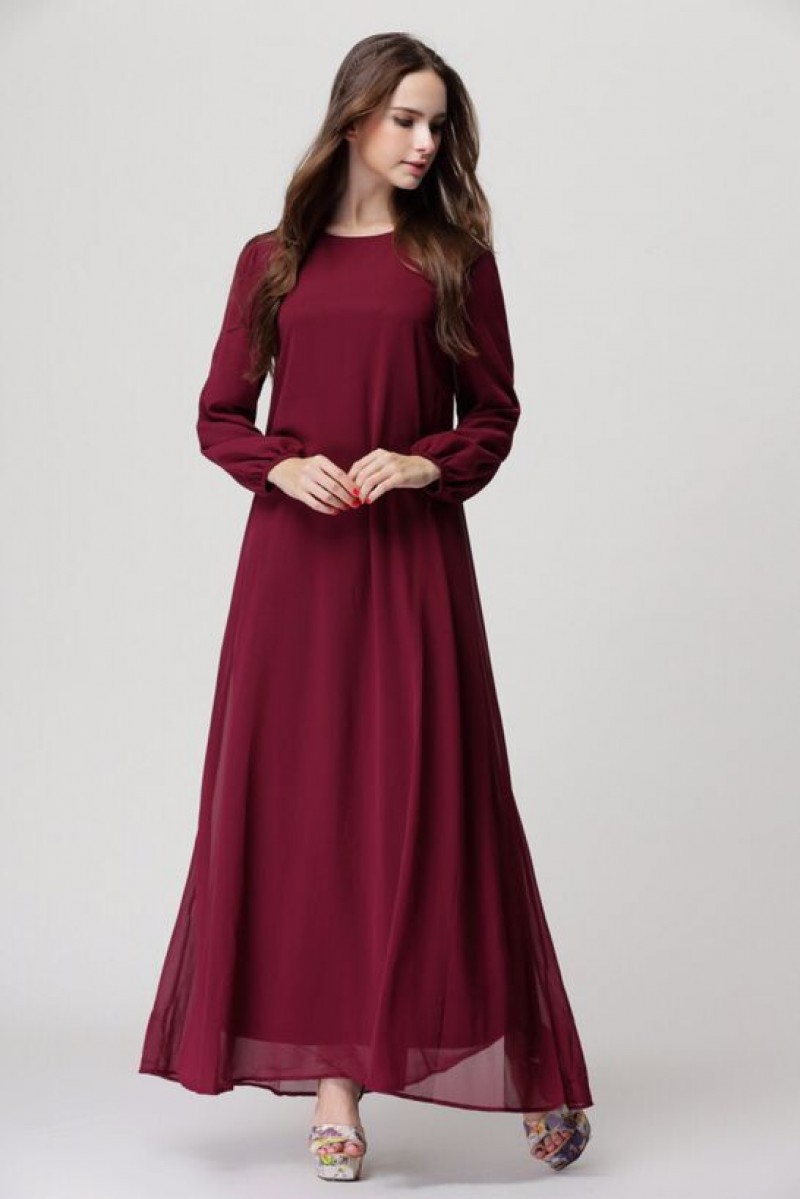 Wine Red Double Layer Chiffon Abaya L 