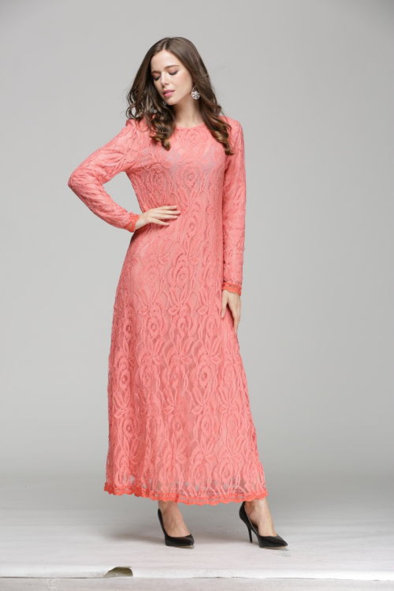 Pink Lace Chiffon Abaya L 