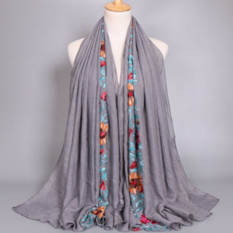 gray Premium Embroidered Cotton Bloom Hijab
