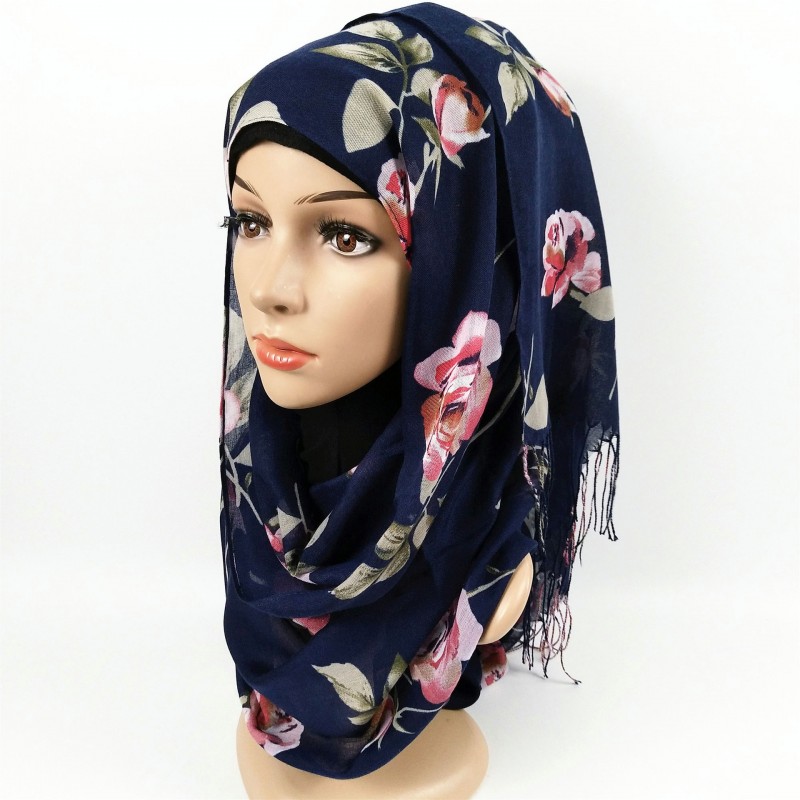 Navy Blue Premium Cotton Floral Tasseled Print Hijab