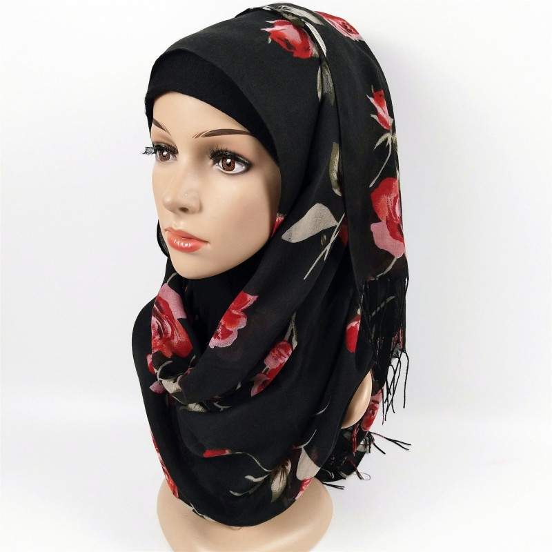 Black Premium Cotton Floral Tasseled Print Hijab