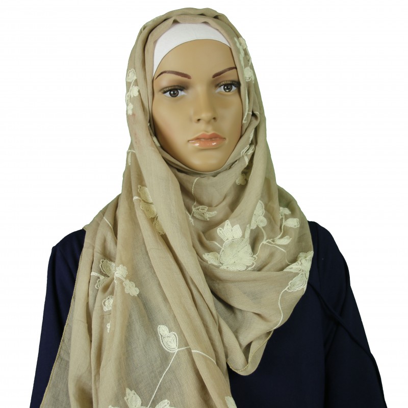 Light Beige Floral Embroidered Cotton Hijab