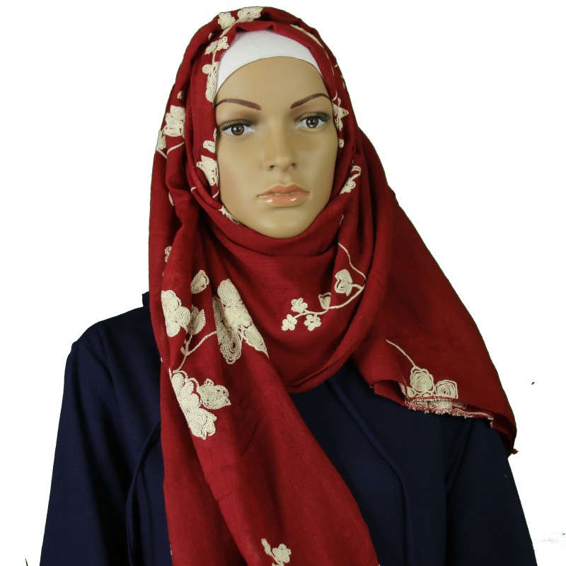 Wine Floral Embroidered Cotton Hijab