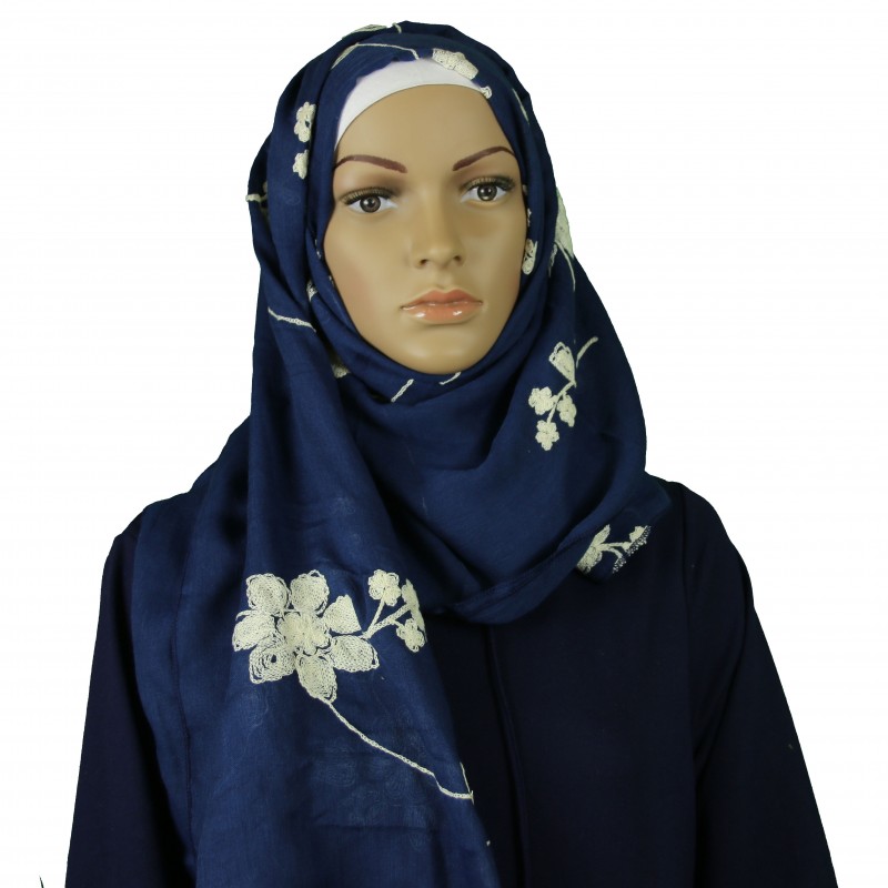 Navy Floral Embroidered Cotton Hijab