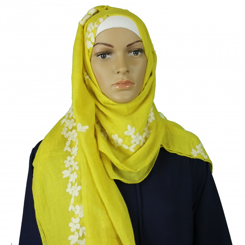 Yellow Daisy Embroidered Cotton Hijab