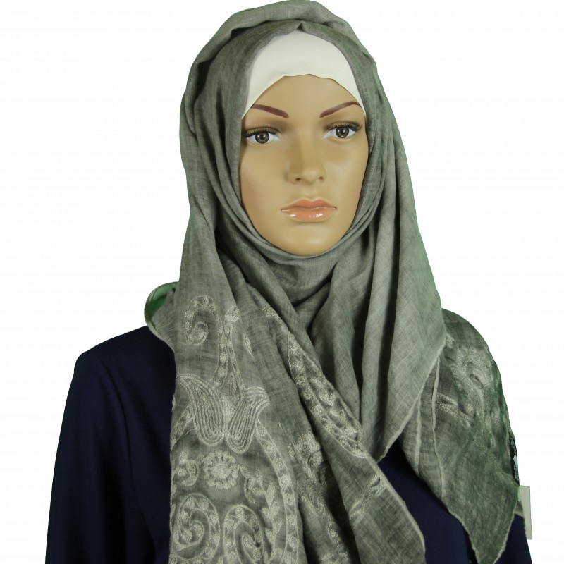 Light Grey Embroidered Cotton Maxi Hijab