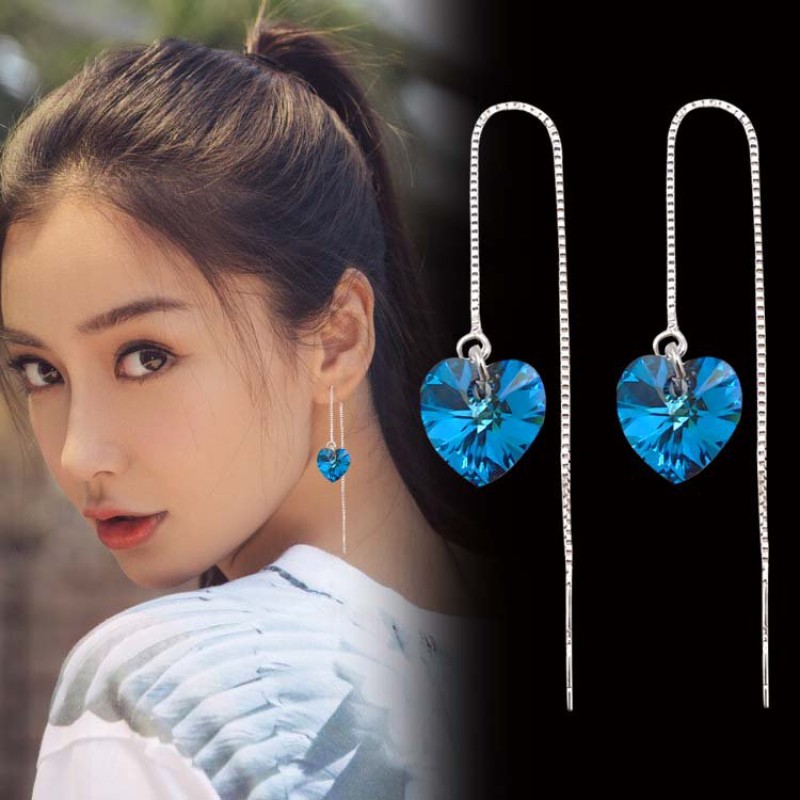 Cyan Heart Long Chain Drop Earrings