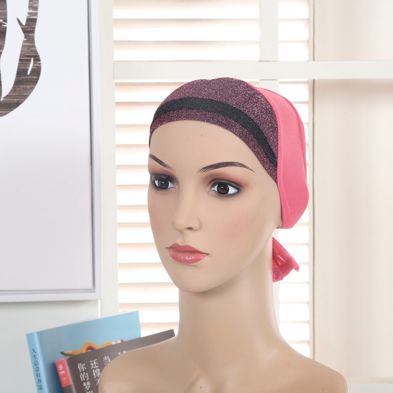 Pink Shimmery Bonnet Tie Back Hijab Cap 