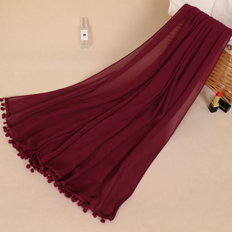 deep wine red Pom Pom Chiffon Hijab