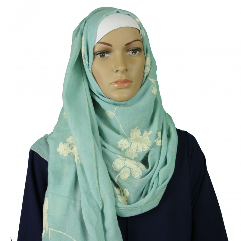 Mint Floral Embroidered Cotton Hijab