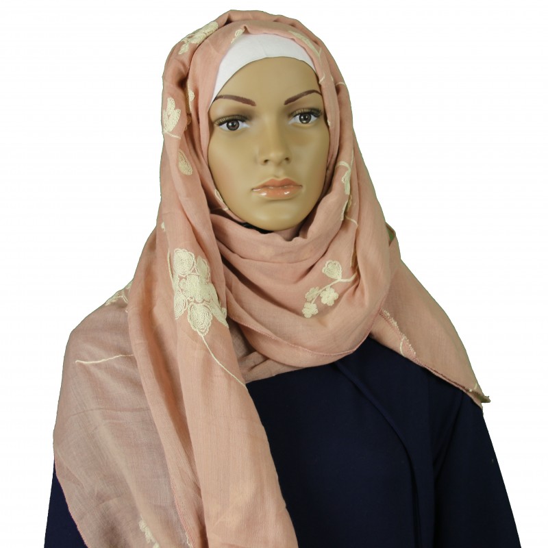 Light Pink Floral Embroidered Cotton Hijab