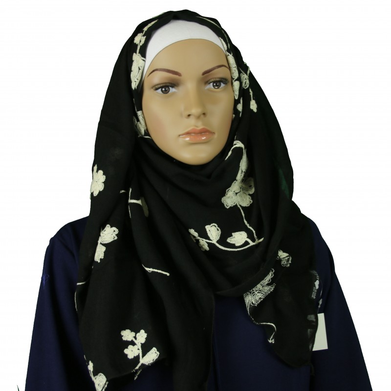 Black Floral Embroidered Cotton Hijab