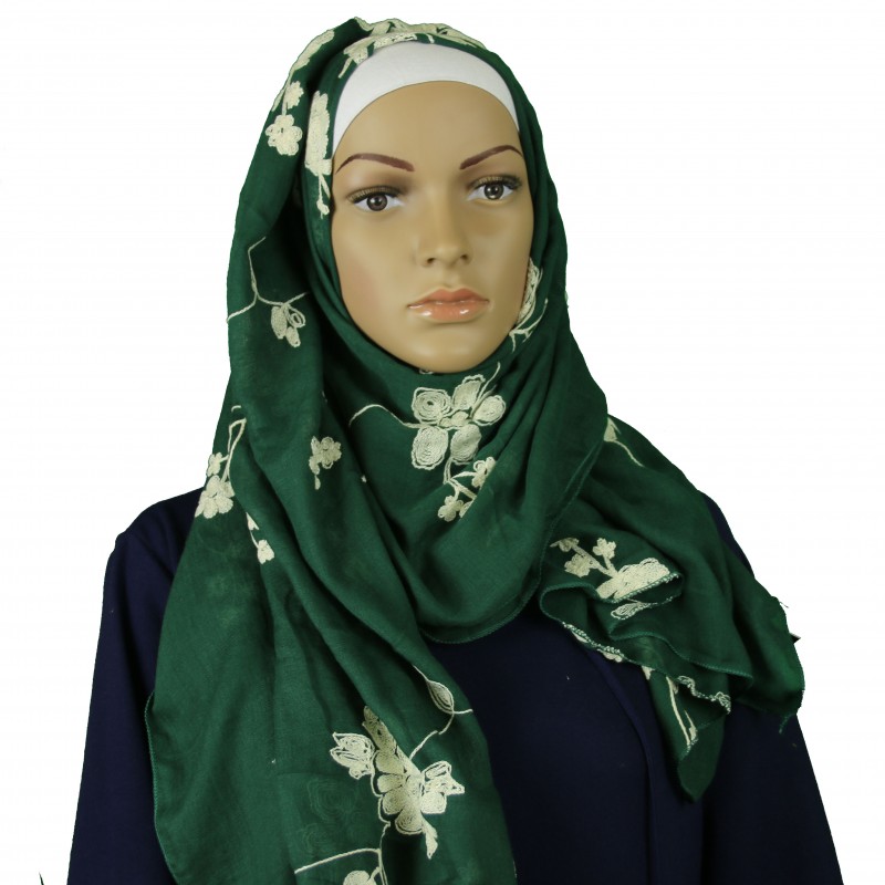Green Floral Embroidered Cotton Hijab