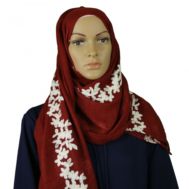 Wine Daisy Embroidered Cotton Hijab