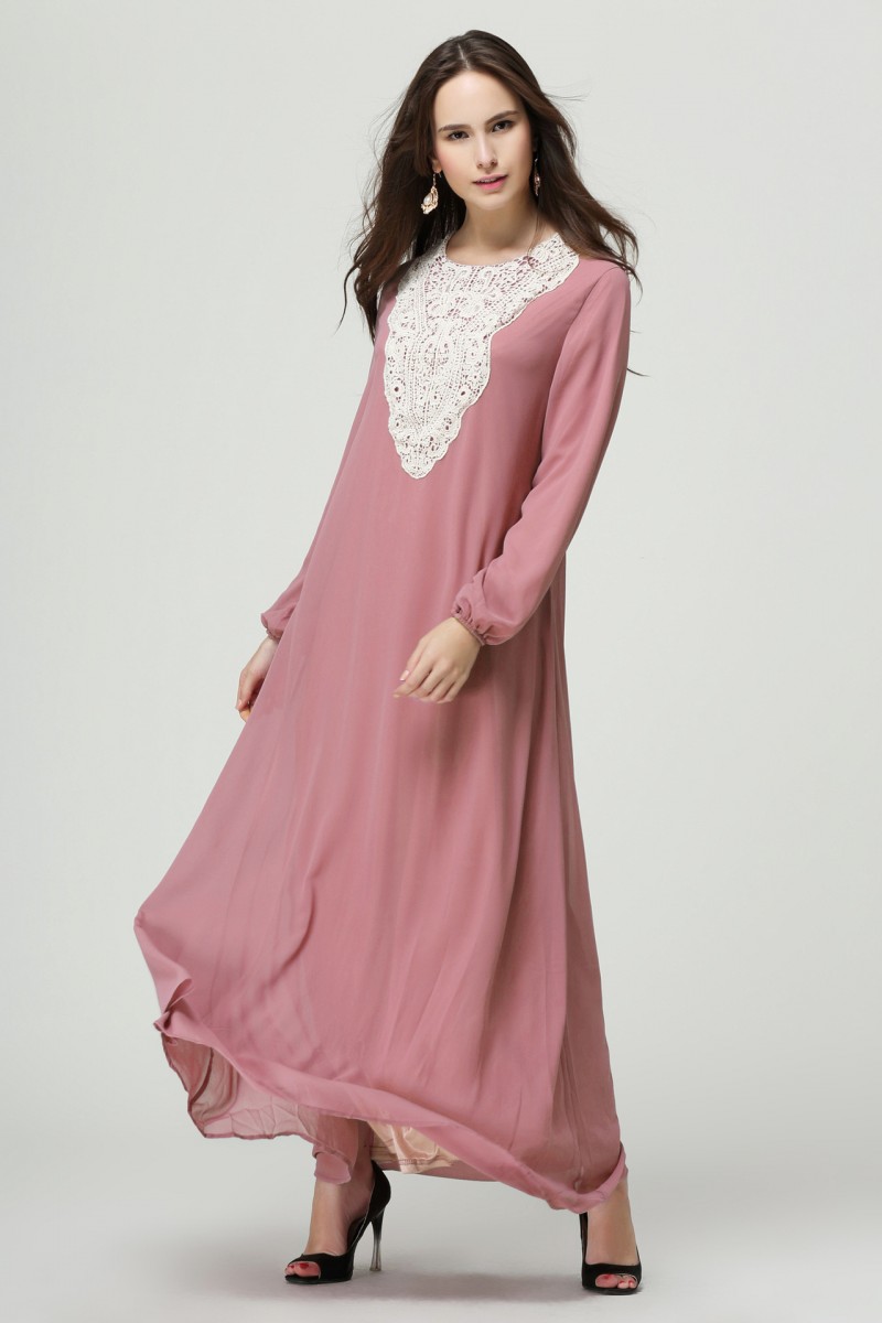 Pink Lace Pearl Chiffon Abaya M 