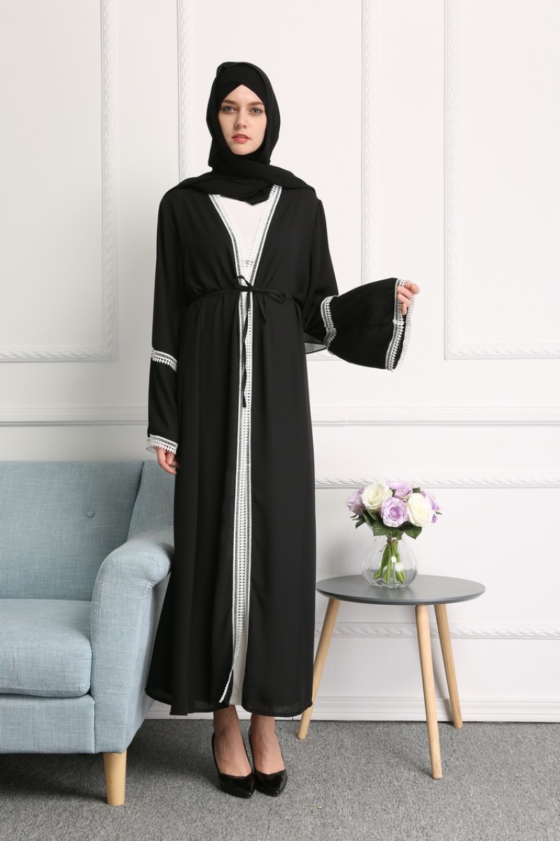 Black White Trim Open Abaya S 