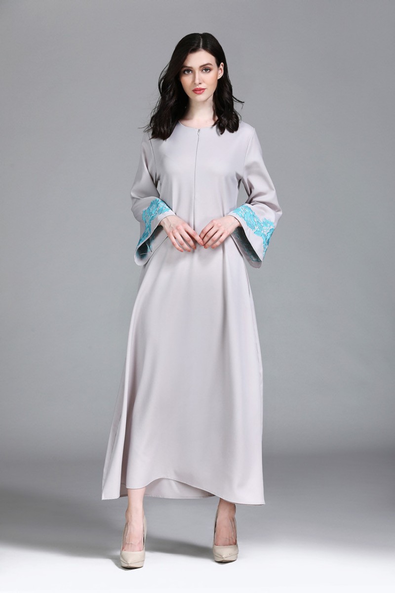 Grey Flared Lace Sleeve Abaya L 
