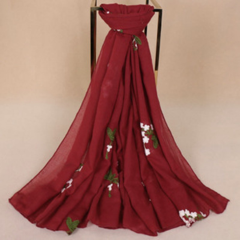 wine red Premium Cotton Embroidered Floral Blossom Hijab