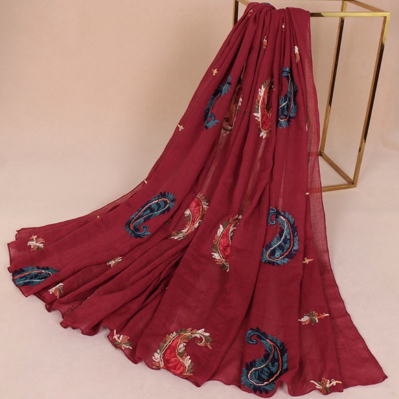 wine red Premium Cotton Embroidered Cashew Hijab