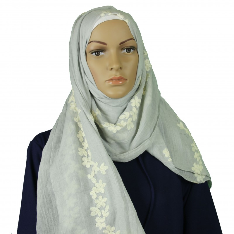 Silver Daisy Embroidered Cotton Hijab