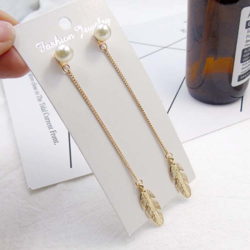 Golden Feather Pearl Drop Earrings