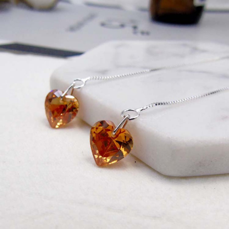 Amber Heart Long Chain Drop Earrings