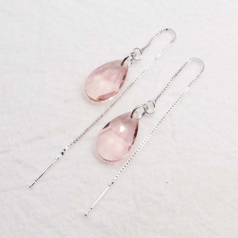 Pink Pear Crystal Long Chain Drop Earrings