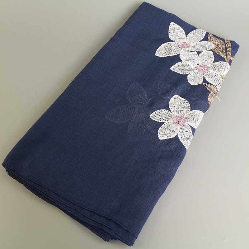 Navy Lily Cotton Embroidered Hijab