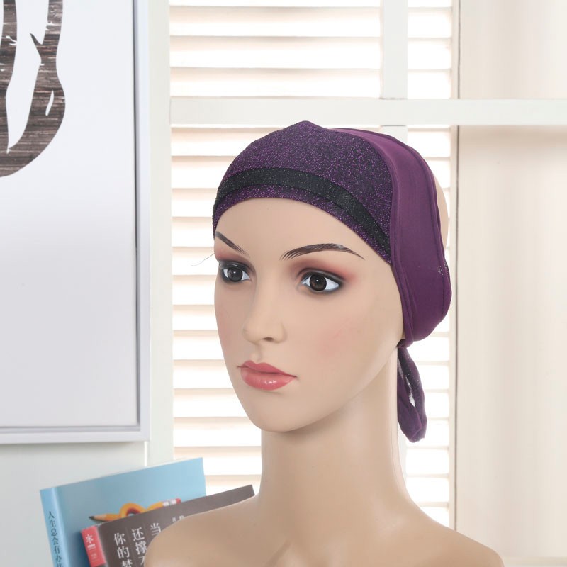 Purple Shimmery Bonnet Tie Back Hijab Cap 