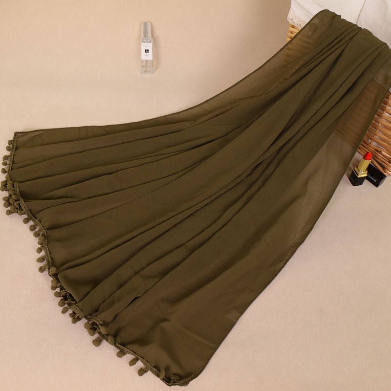 Army Green Pom Pom Chiffon Hijab