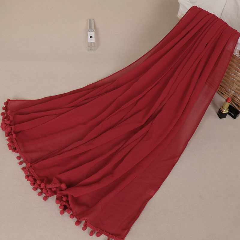 bright wine red Pom Pom Chiffon Hijab
