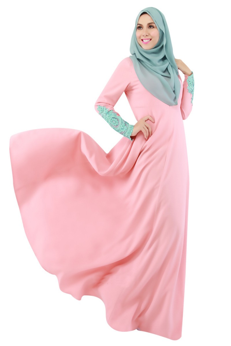 Pink Korean Linen Lacey Sleeve Abaya M 