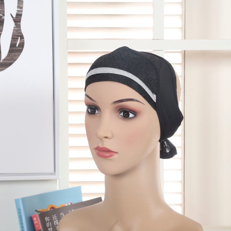 Black Shimmery Bonnet Tie Back Hijab Cap 