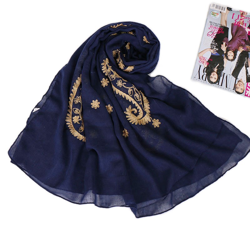 Navy Premium Embroidered Cotton Paisley Cashew Hijab