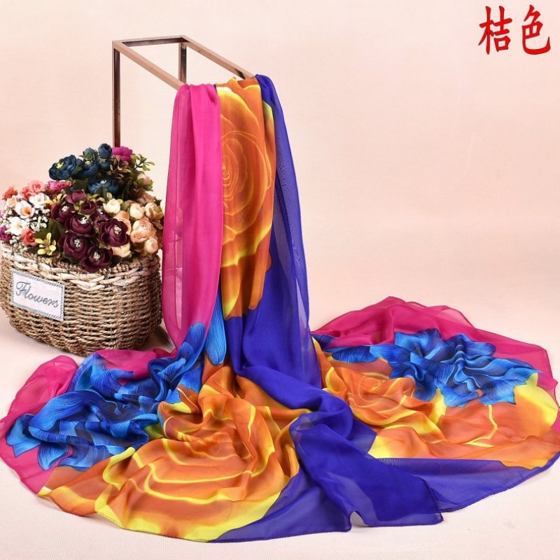 Orange Maxi Large Rose Chiffon Print Hijab Clearance